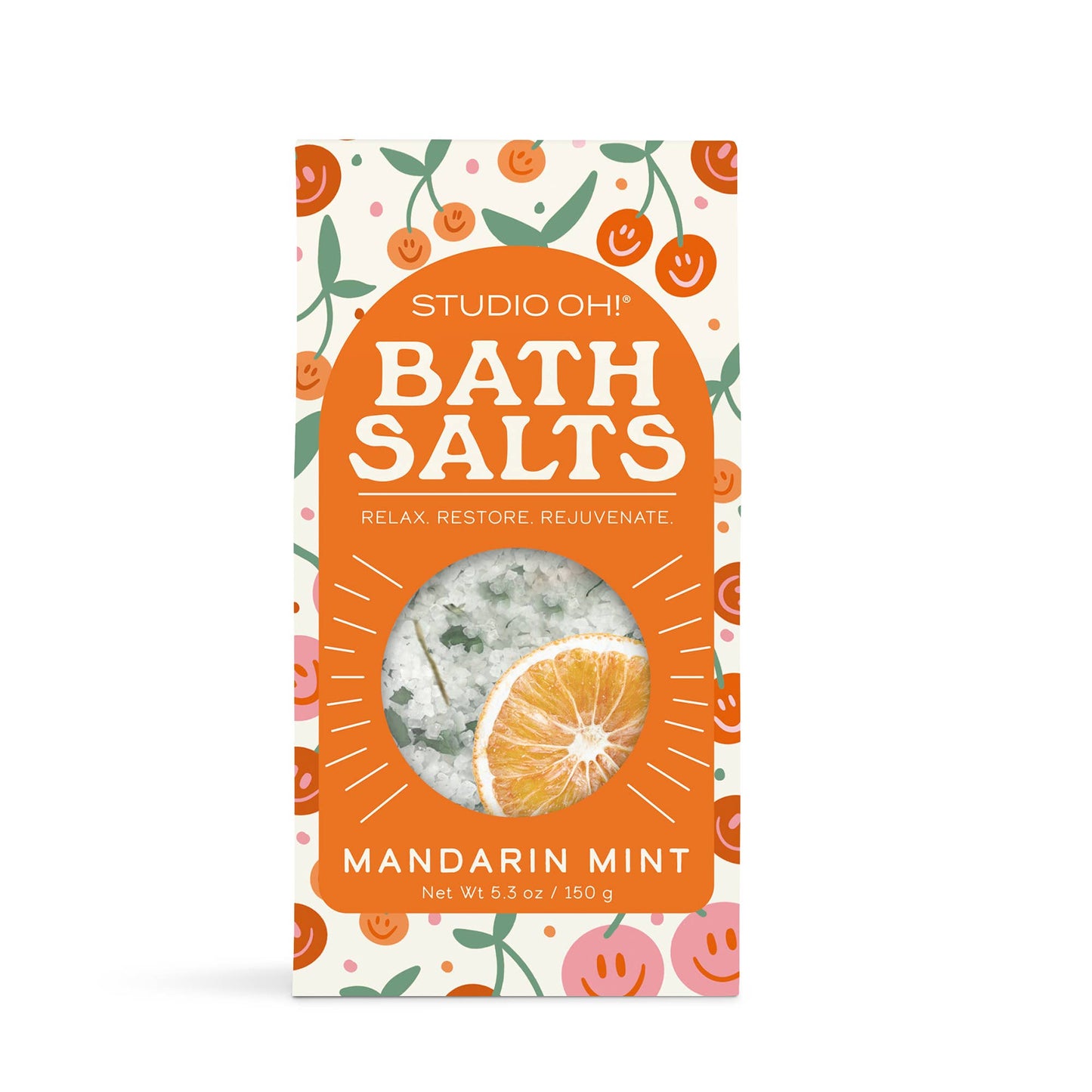 Studio Oh! Be All Smiles scented bath salts in a jar, featuring colorful bath salts and a cheerful label, for soothing bath time.