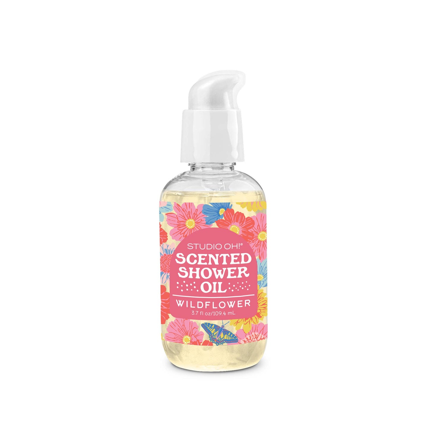 Studio Oh! Butterfly Blossoms scented shower oil for bath and body, shown in a clear bottle with floral label.