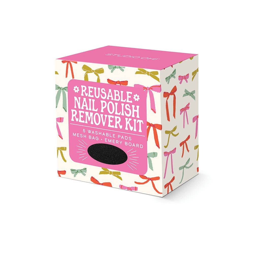 Studio Oh! Put a Bow on It reusable nail polish remover kit with eco-friendly remover pads and storage container.