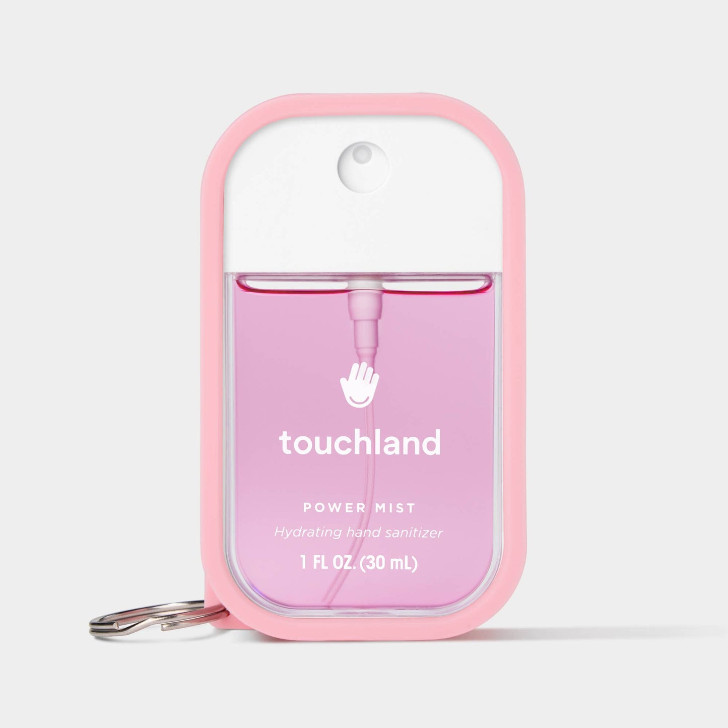 Bubblegum pink Touchland hand mist case, soft silicone protective cover, designed to fit and protect the hand mist bottle.