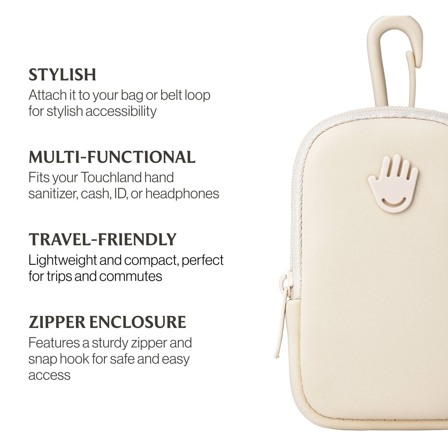 Ivory Touchland Touchette pouch with sleek design and zipper closure, perfect for storing personal items or cosmetics.
