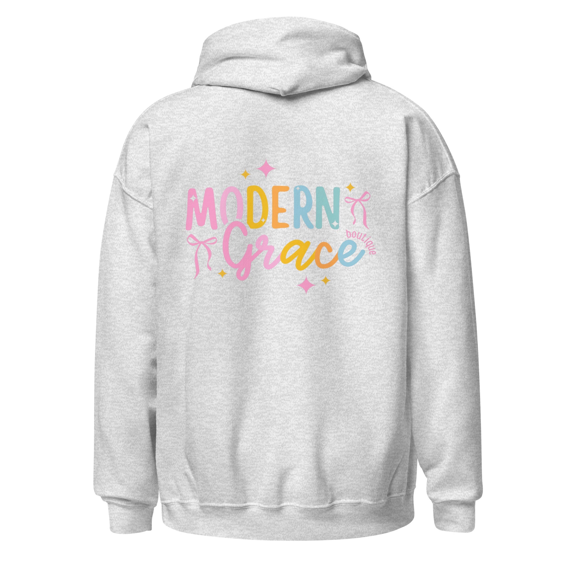 Unisex Modern Grace hoodie in ash color with logo on back, made from heavy blend fabric, casual and comfortable clothing.