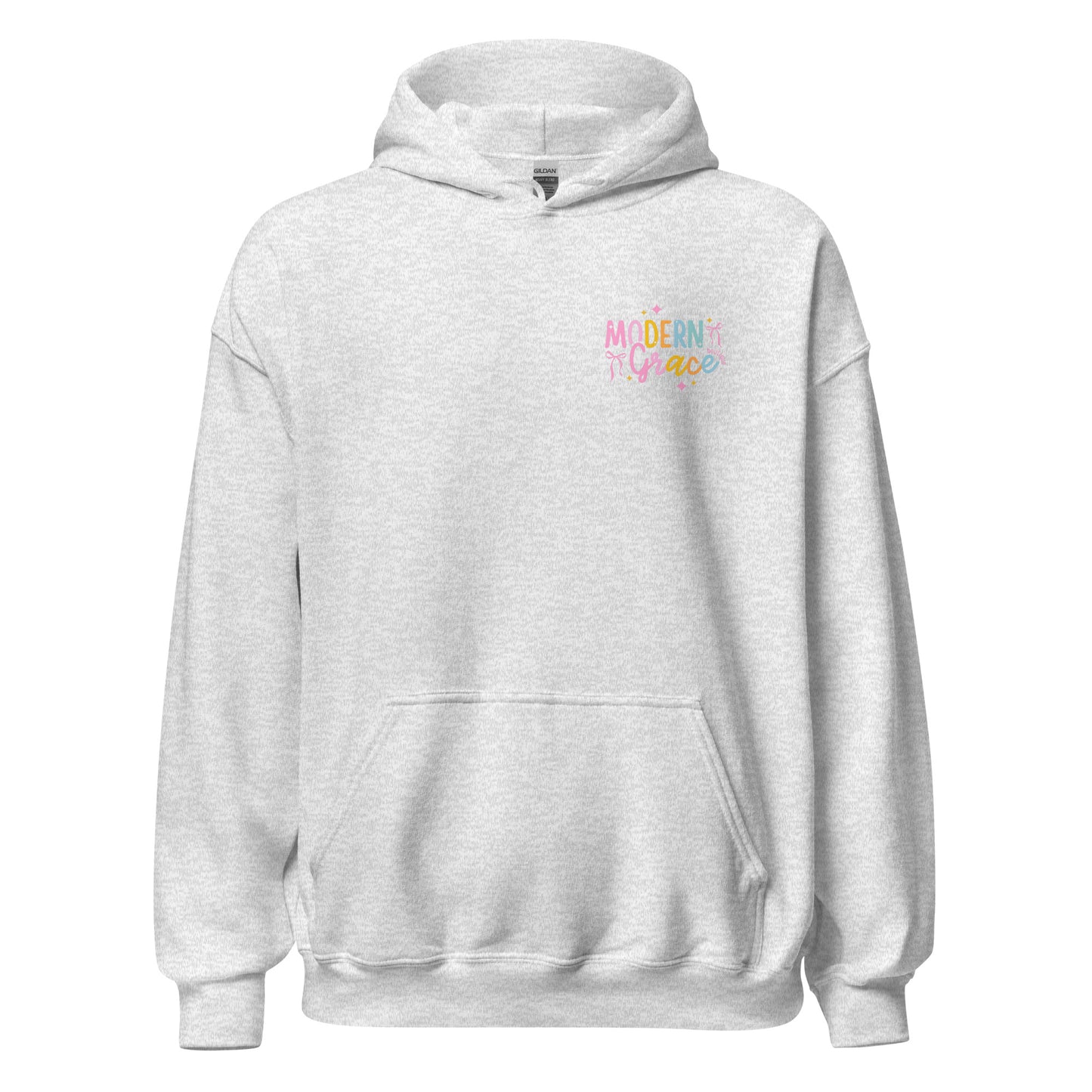 Modern Grace unisex hoodie in ash color with modern logo design, made from heavy blend fabric, front view.