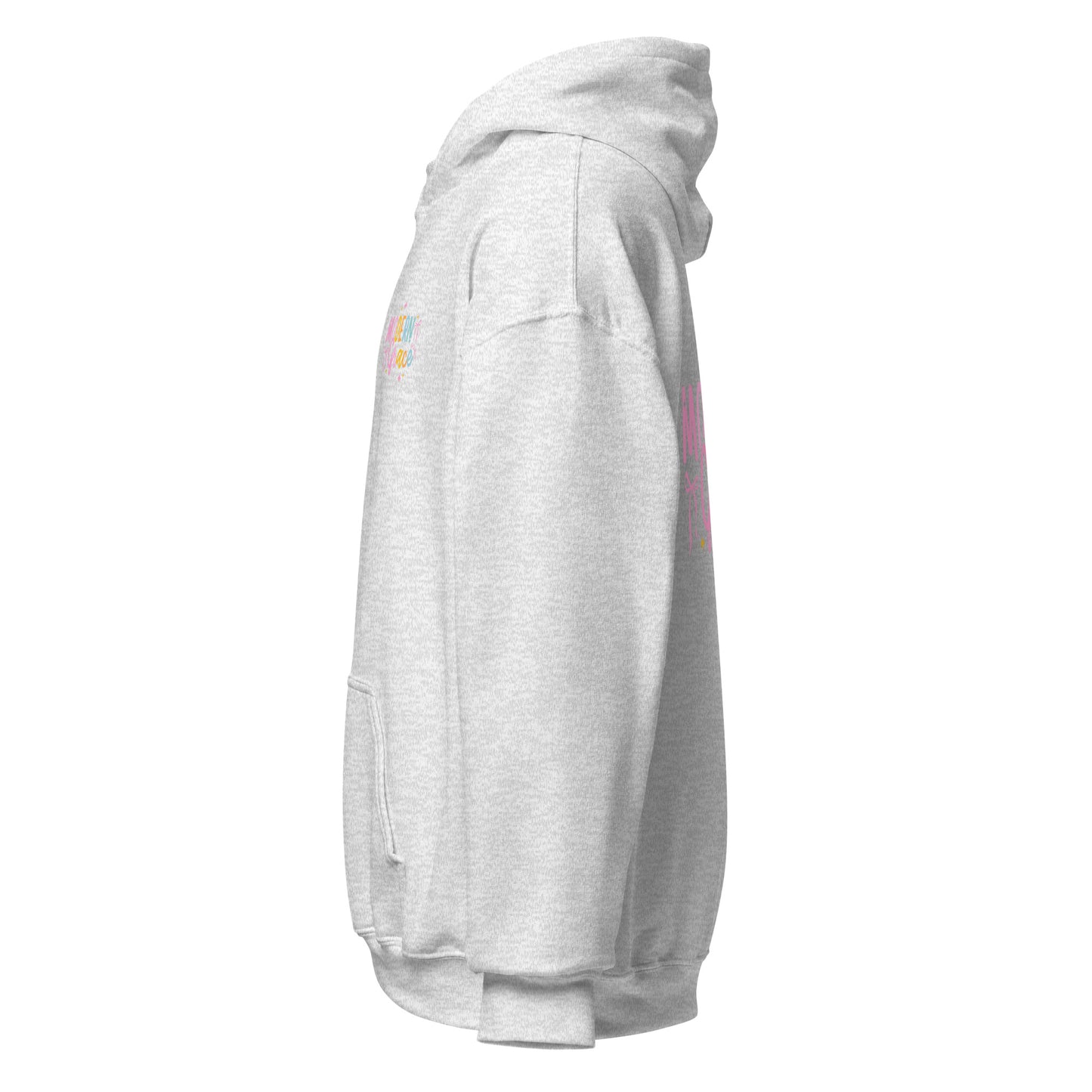 Unisex Modern Grace hoodie in ash color with logo on front, made from heavy blend fabric, casual and comfortable style.