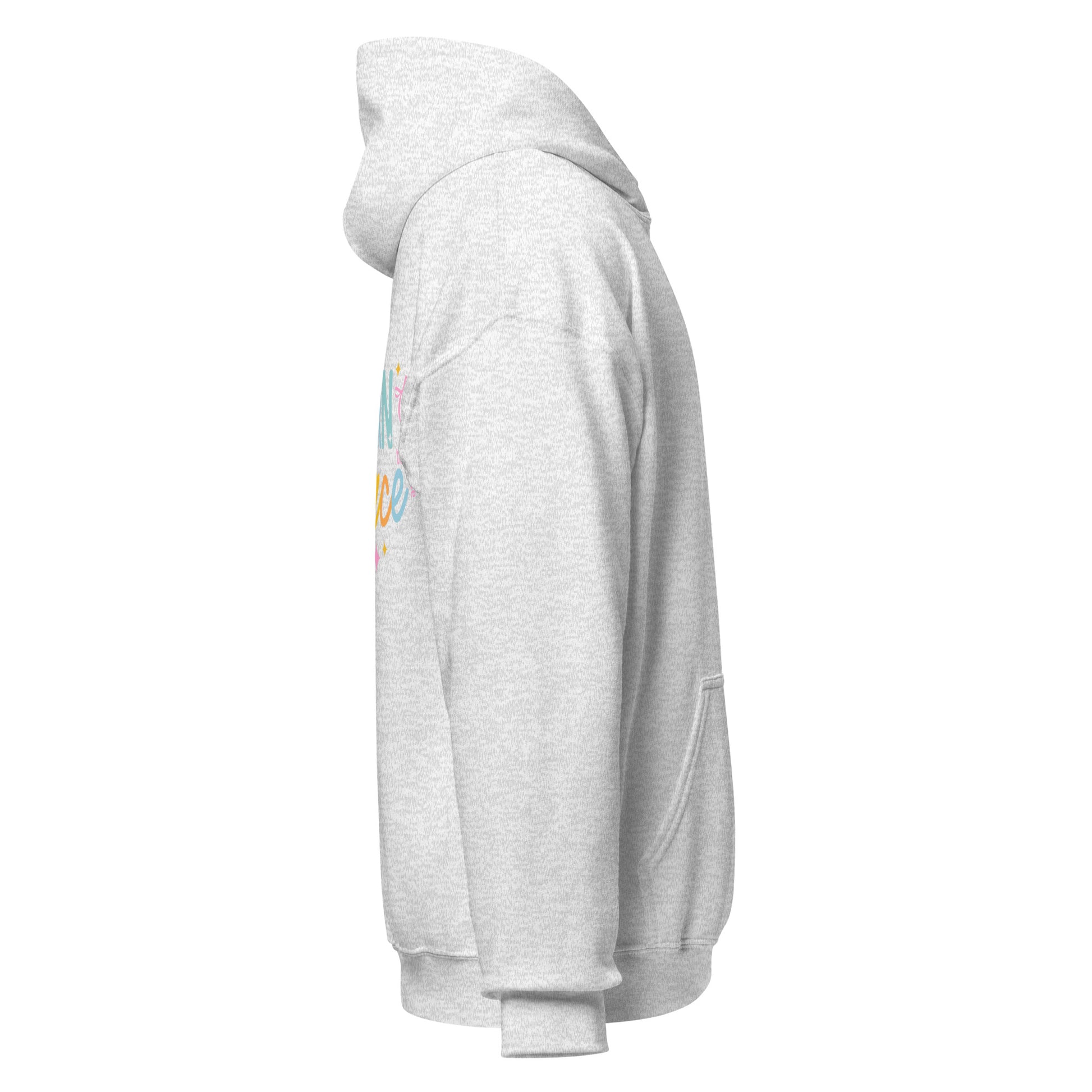 Unisex Modern Grace hoodie in ash color, featuring the logo on the chest, made from heavy blend fabric for comfort.