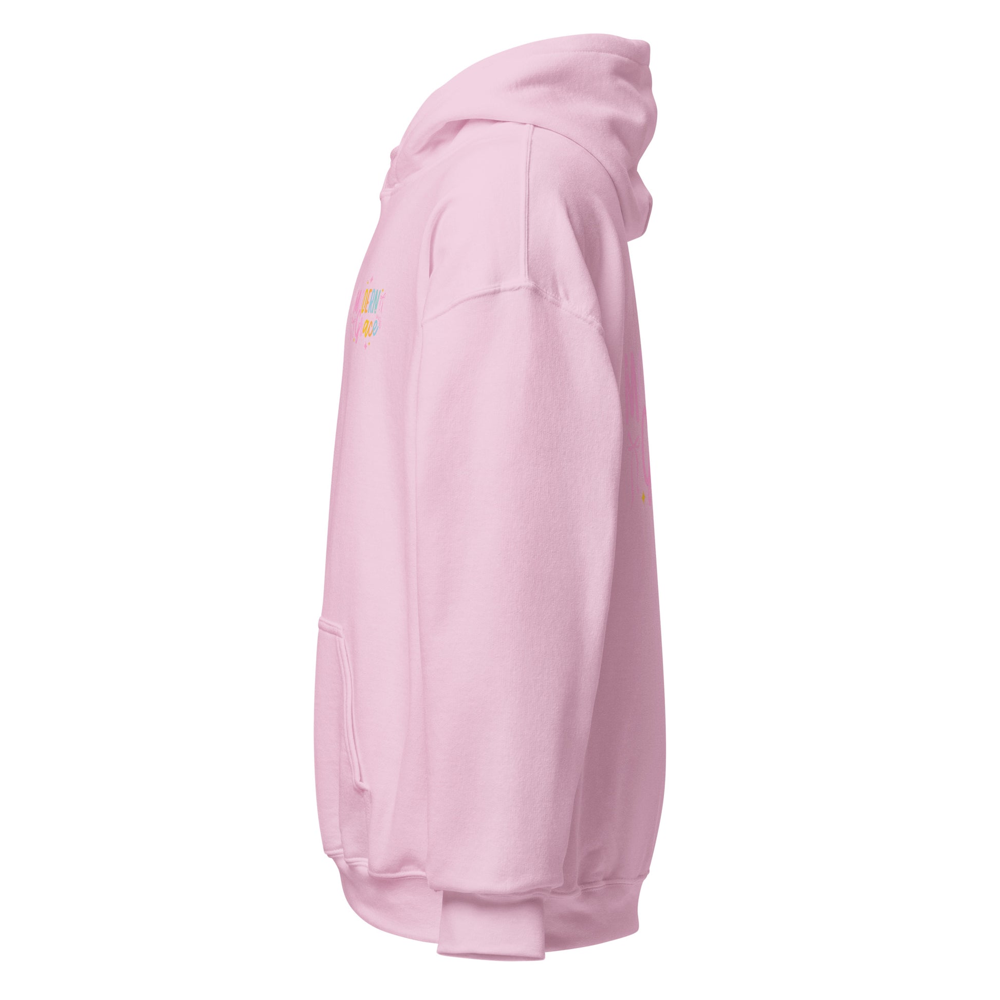 Light pink Modern Grace unisex hoodie with a minimalist logo design, made from heavy-blend fabric for comfort.