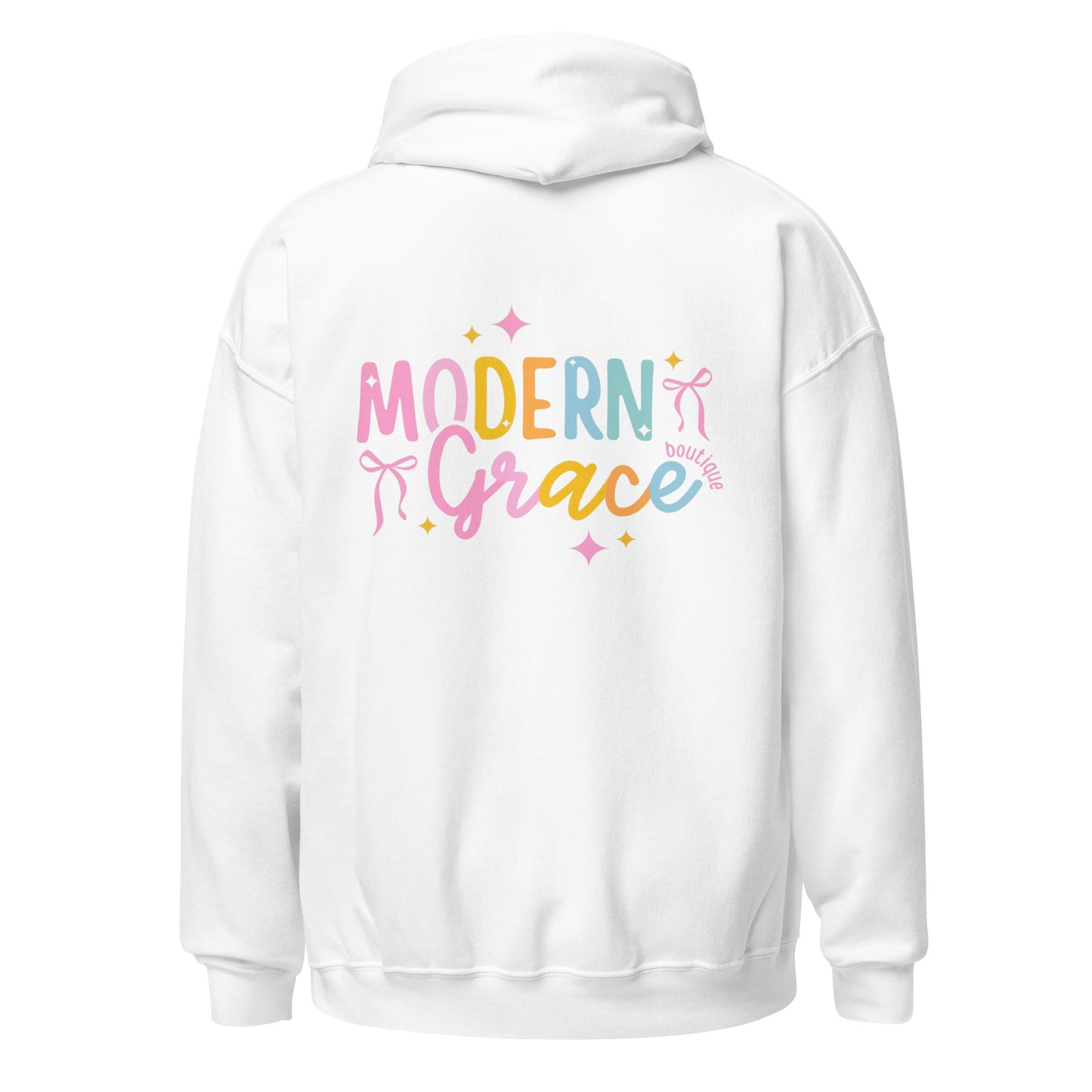 Unisex white hoodie with Modern Grace logo on back, made of heavy blend fabric, available in four colors.