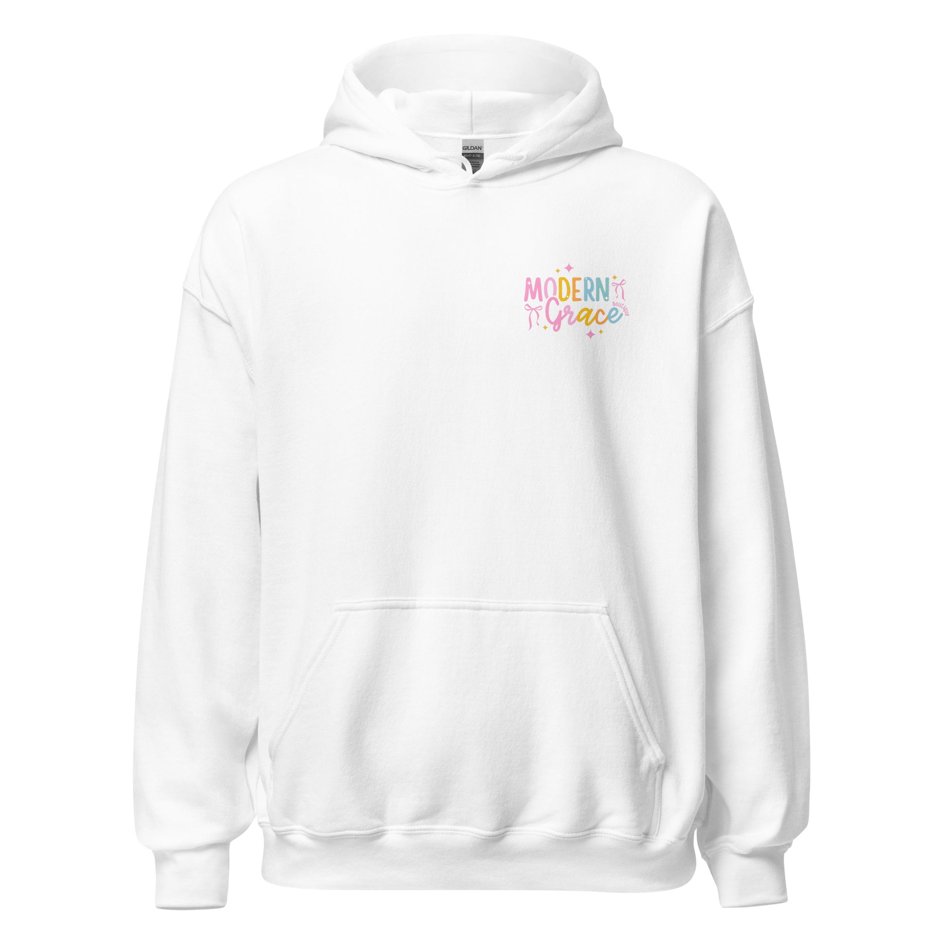 White unisex Heavy Blend hoodie featuring the Modern Grace logo front design, available in four colors.