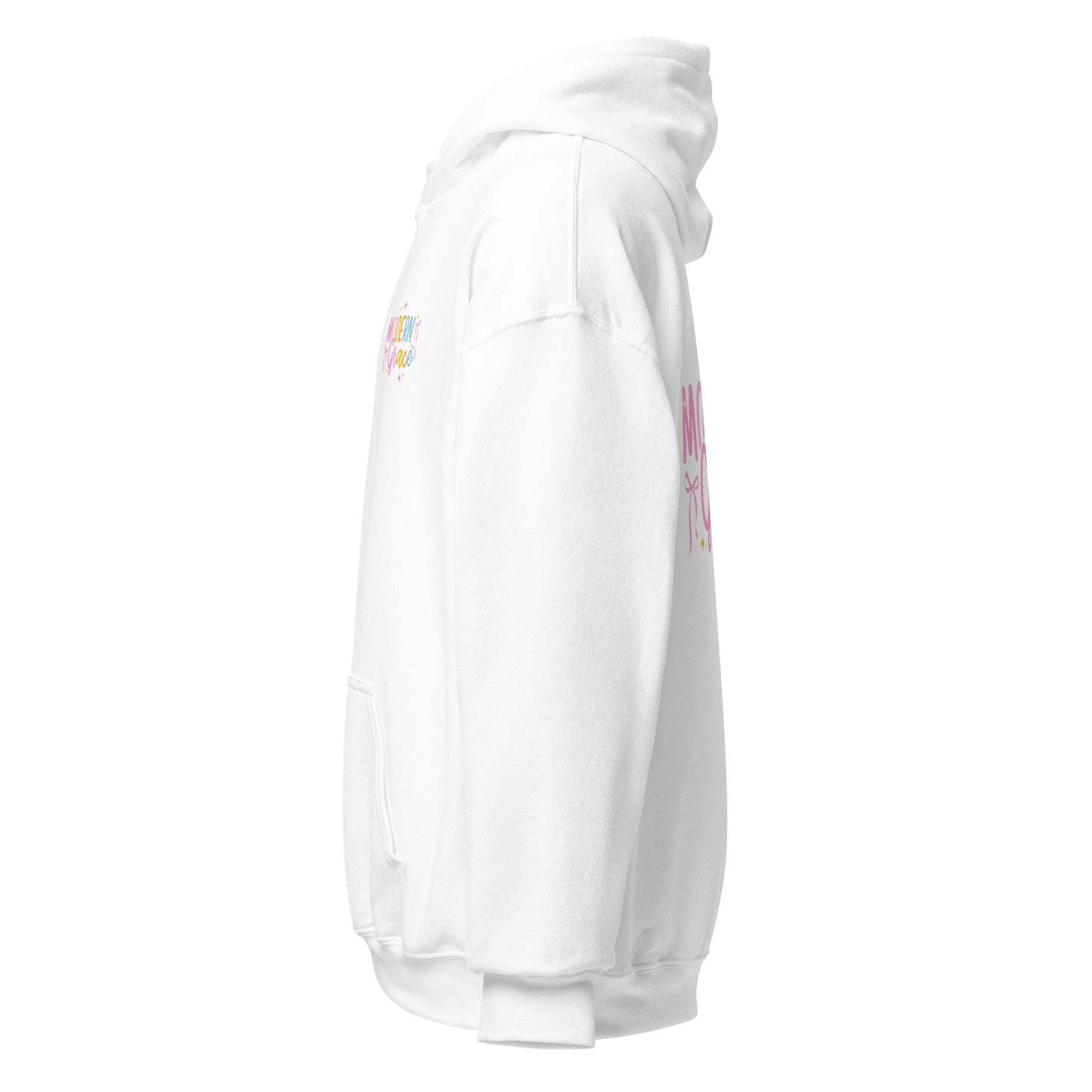 White Modern Grace unisex hoodie with logo on the front, displayed flat with long sleeves and a hood.
