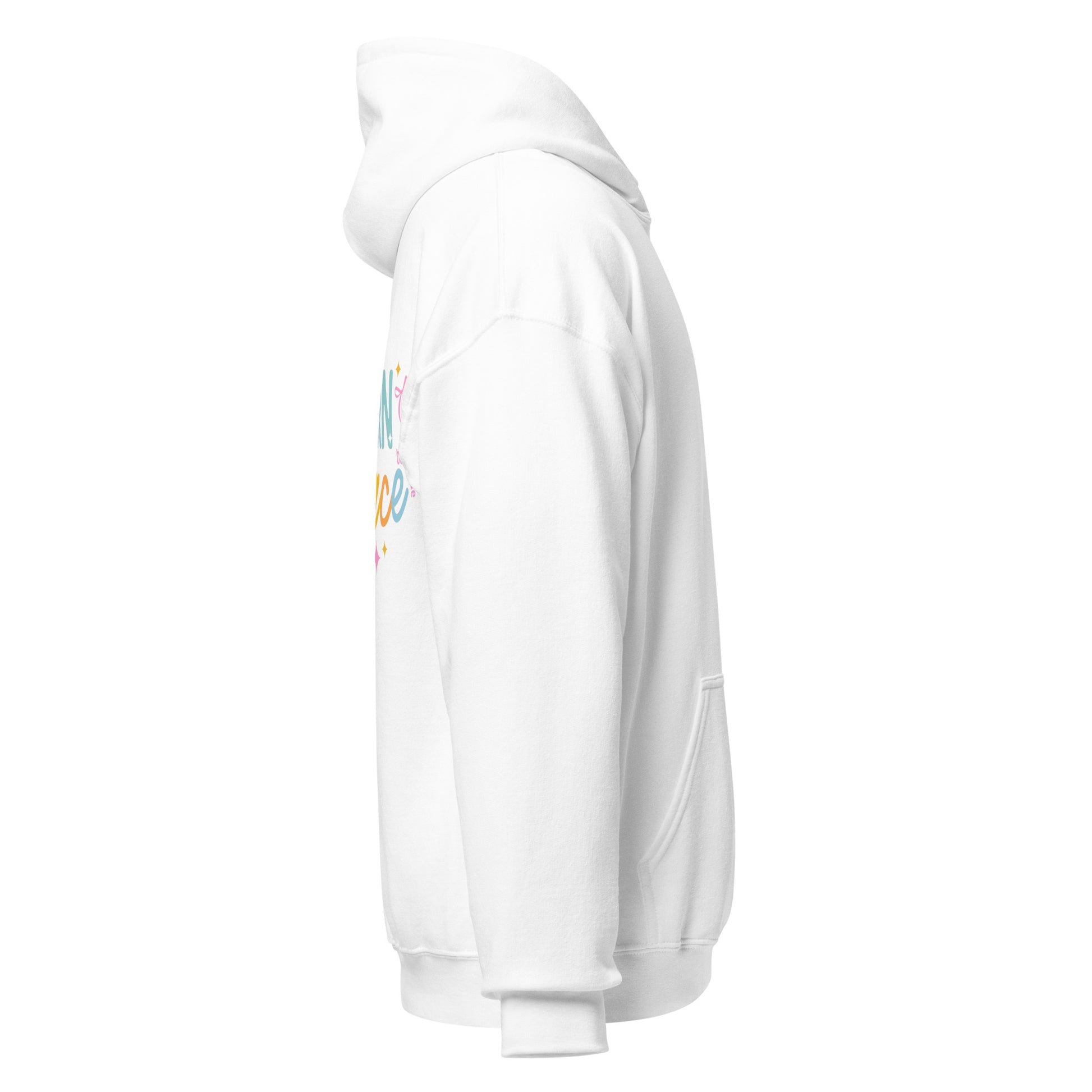 White Modern Grace unisex hoodie with logo, soft heavy blend fabric, shown from the right side in the product image.