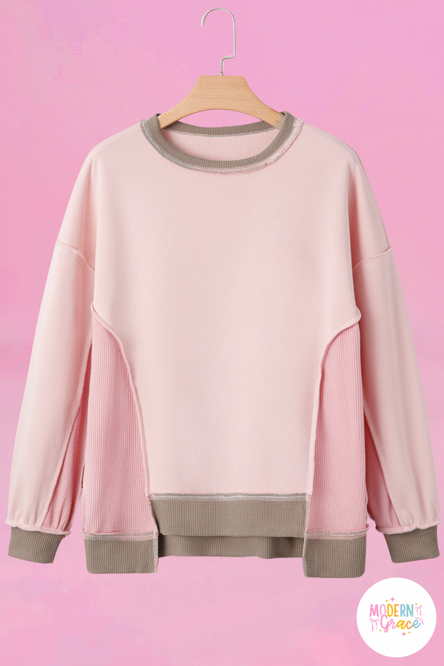 Light Pink Color Block Mix Texture Waffle Patchwork Oversize Sweatshirt