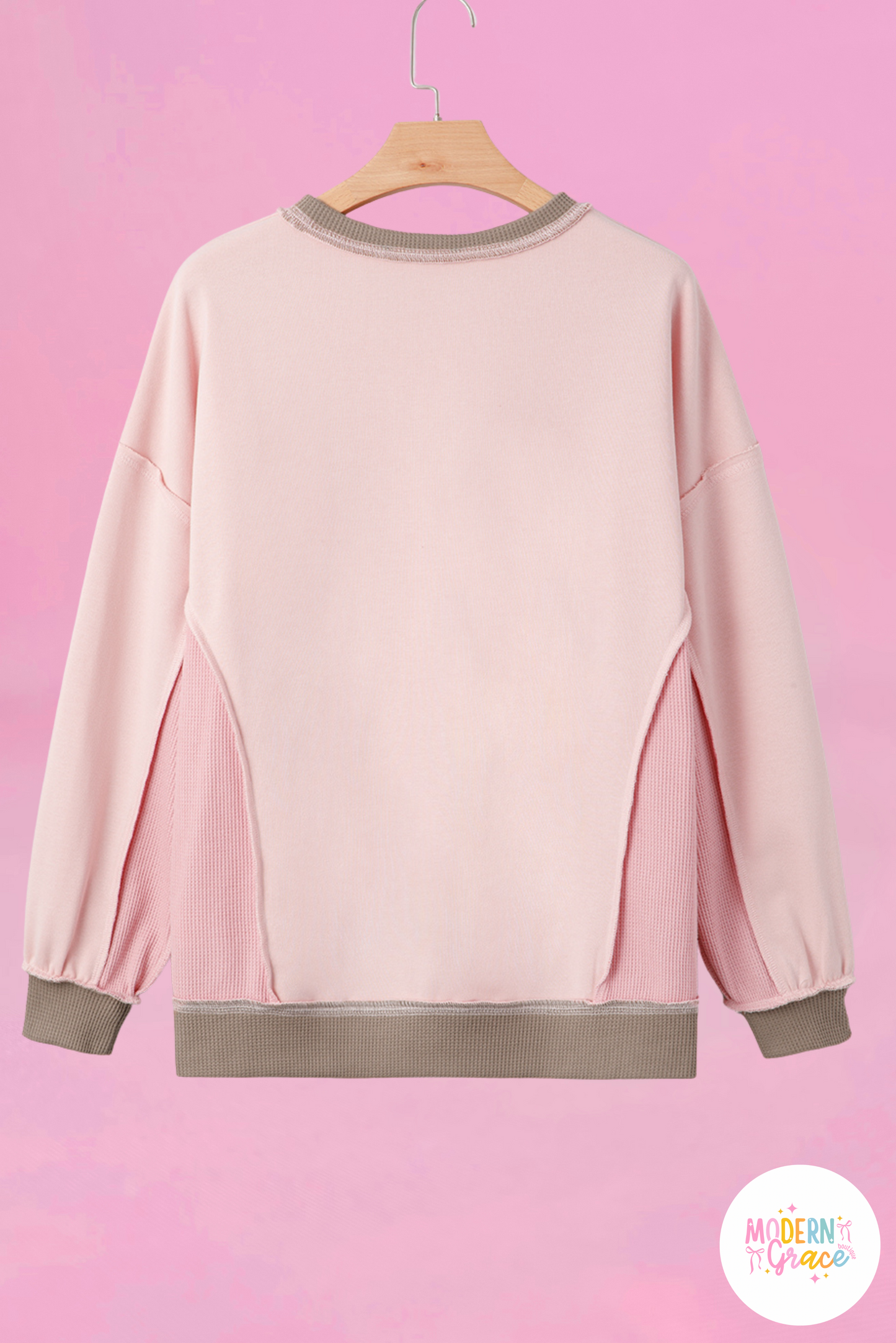 Light Pink Color Block Mix Texture Waffle Patchwork Oversize Sweatshirt