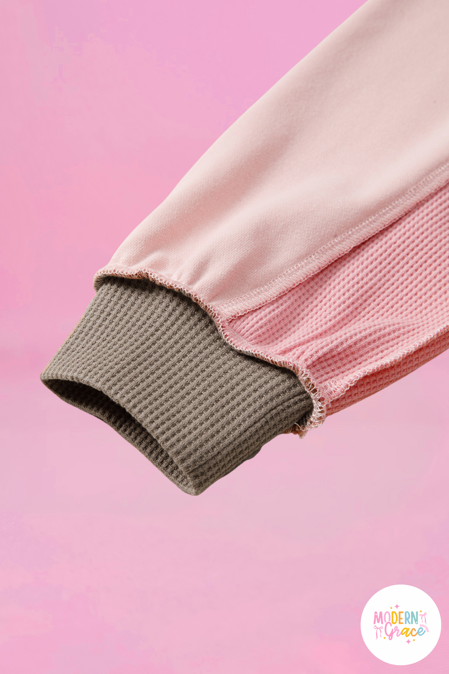 Light Pink Color Block Mix Texture Waffle Patchwork Oversize Sweatshirt