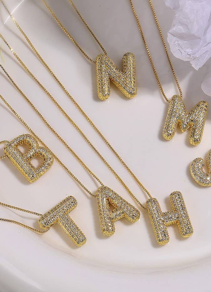 F Initial Pave Rhinestone Bubble Balloon Necklace by Wall To Wall Accessories, featuring a sparkling initial pendant on a delicate chain.