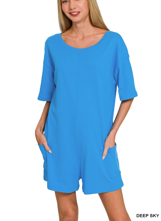 Reversible Zenana deep sky V or scoop neck romper with pockets, showcasing its versatile two-way design and comfortable fit.
