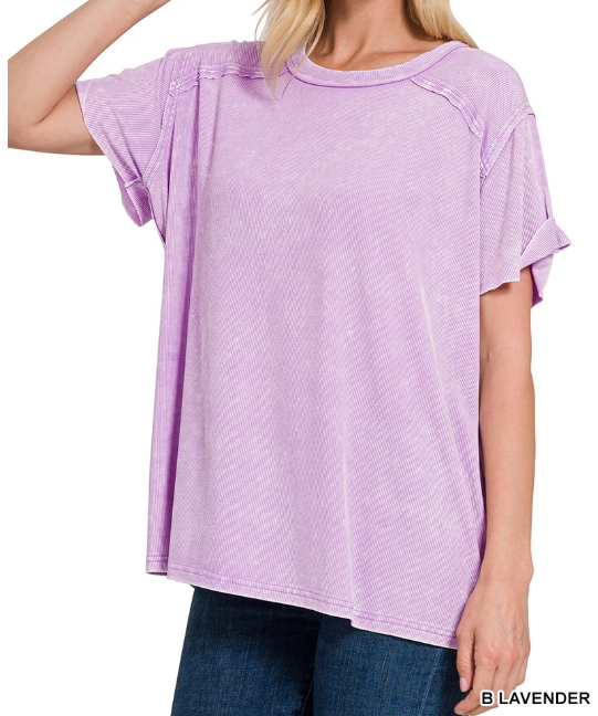 Curvy lavender washed ribbed short sleeve boat-neck top by Zenana, featuring a fitted style and soft fabric.