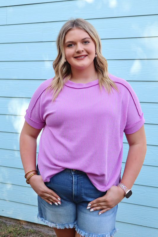 Violet Zenana Curvy Spring top with raw edge cuffs, raised rib texture, and short sleeves, casual and comfortable for everyday wear.